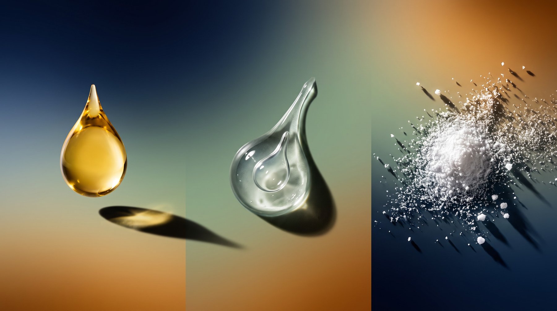 Macro photography of an oil droplet, a gel droplet and crystalline powder